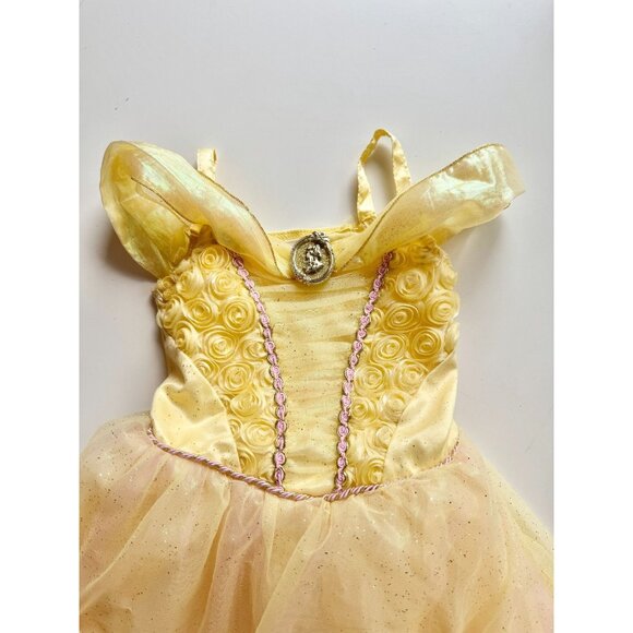 Girls' DISNEY Belle Yellow Glitter Satin Tulle Rosette Dress Costume, Size 4 - Picture 2 of 14